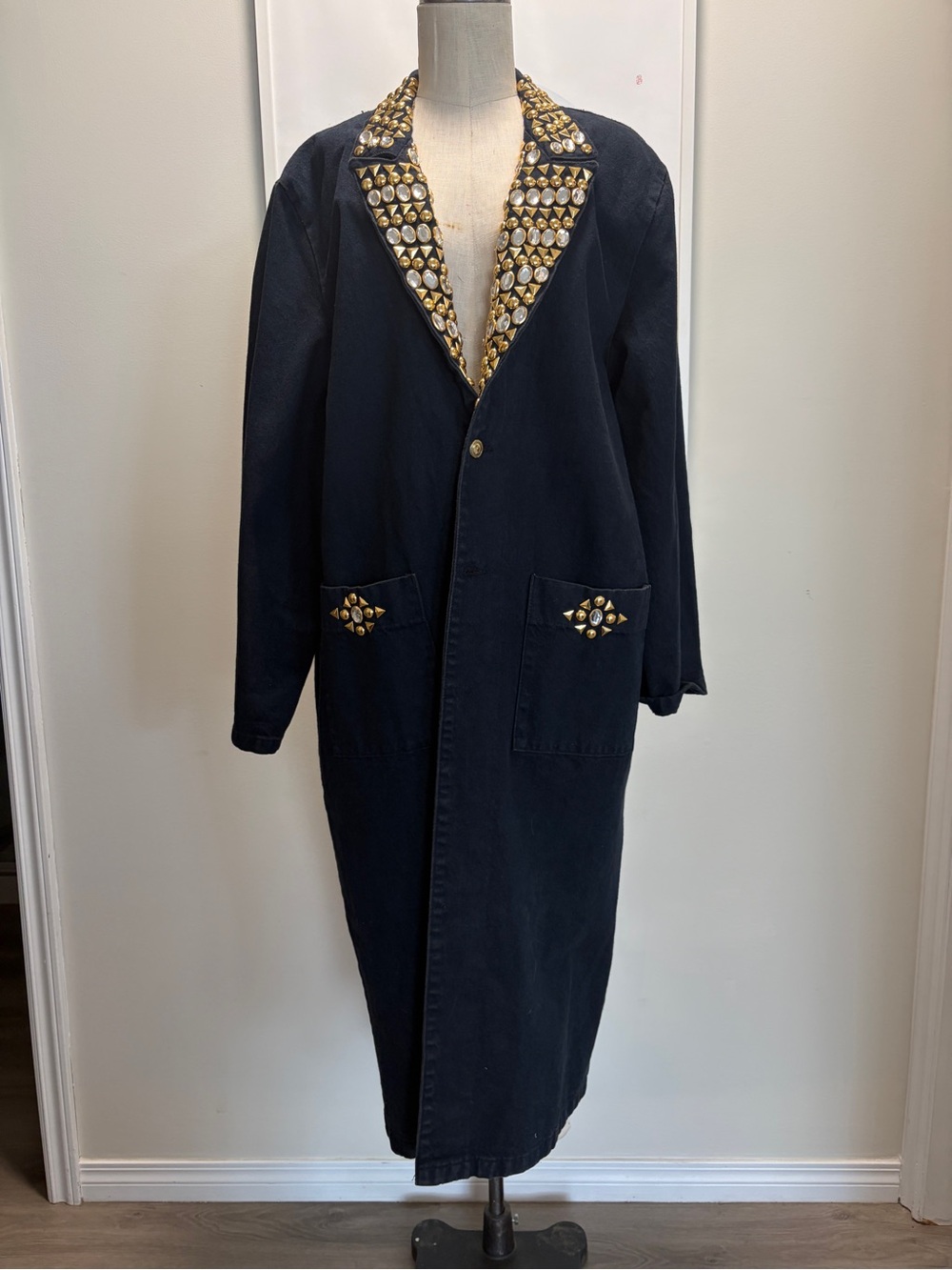 Black Long Western Coat with Gold Stud Embellished Collar